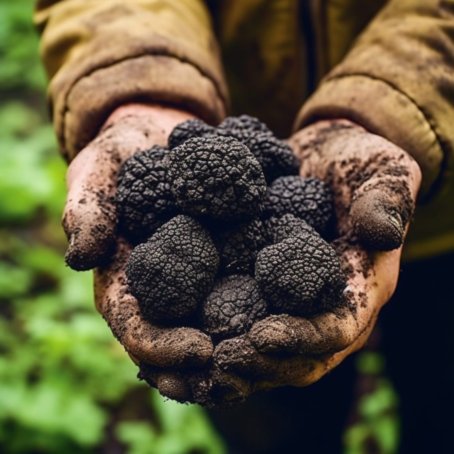a close up of a person holding a handful of black truf. generative ai.